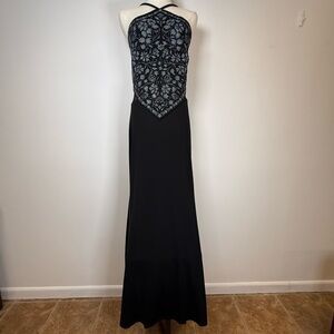 TADASHI Designer Gown Halter Neck Beaded Appliqué Sheer Waist Women’s Medium